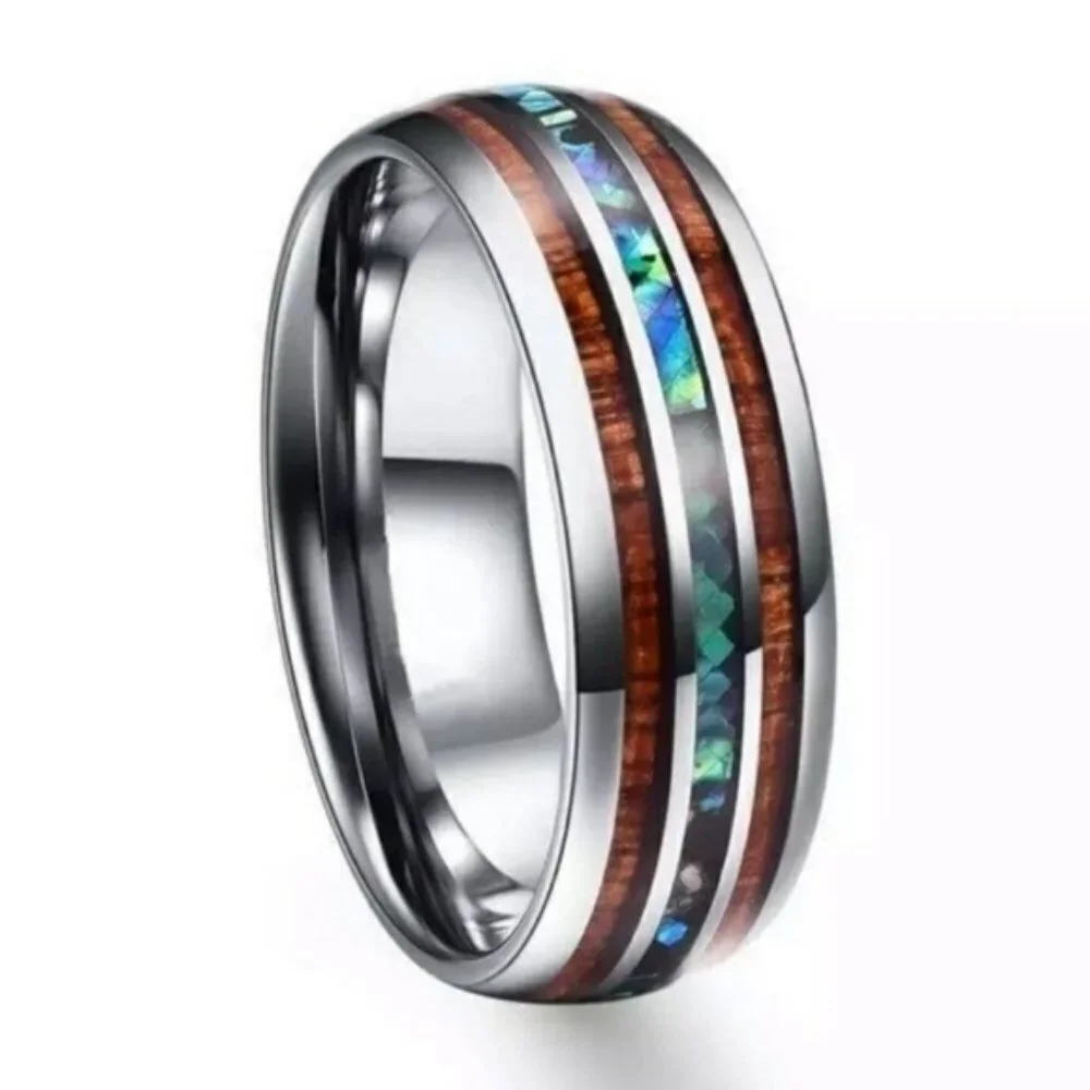 Mens Koa Wood and Abalone Shell Tungsten Carbide Wedding engagement ring